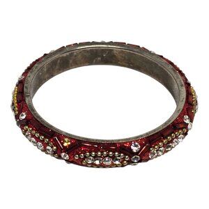 Vintage Red Rhinestone Beaded Metal Bangle Bracelet